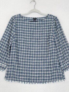 Ann Taylor Shirt Womens 6 Blue Tweed Plaid Fringe 3/4 Sleeve Boat Neck Blouse